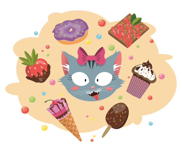 可爱的微笑猫和一套糖果矢量卡通插图图片下载