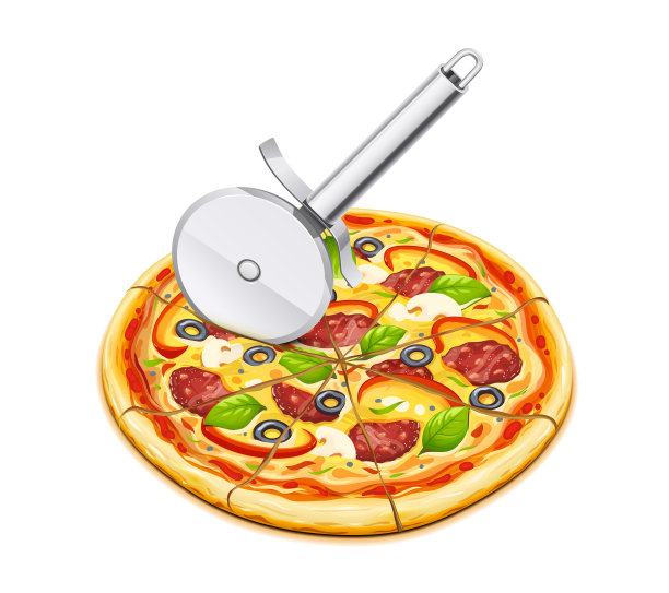 披萨与圆盘刀。传统的意大利美食。矢量插图。图片下载