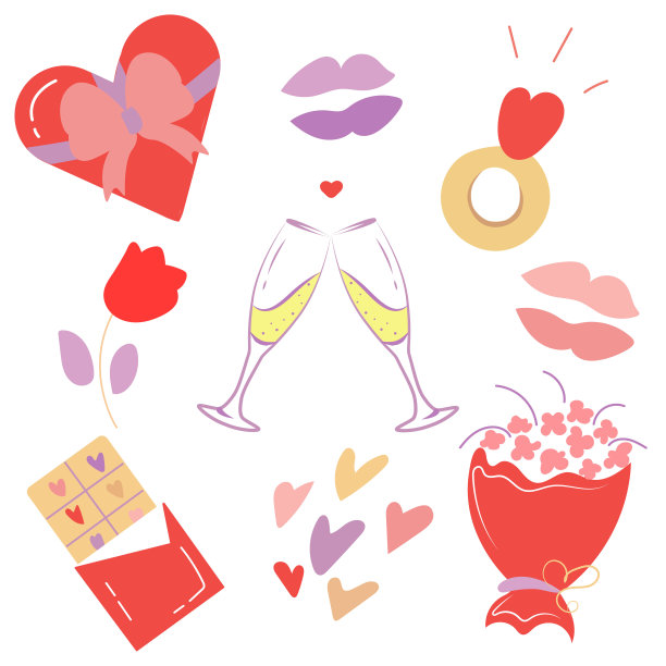 可爱的情人节用具的向量插图集。一份带有蝴蝶结、戒指、一束鲜花、玻璃杯和巧克力的礼物。图片下载