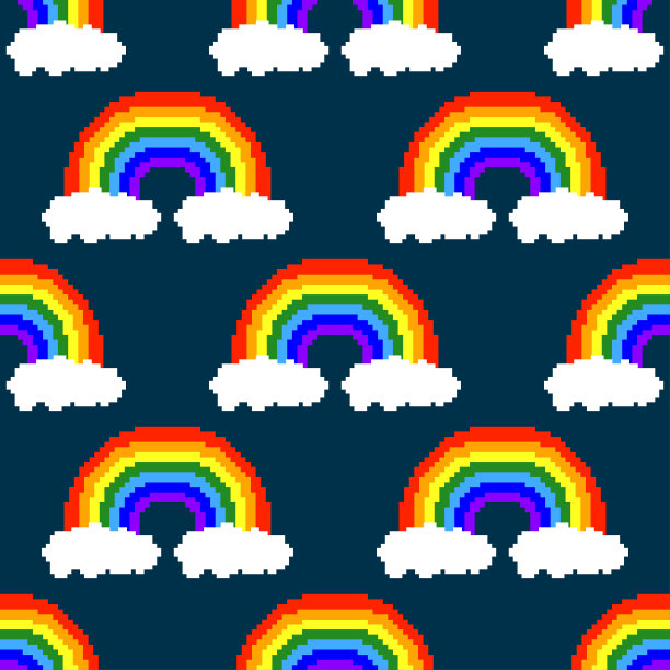 像素彩虹和云孤立在深蓝色背景上。幼稚美丽的无缝图案。矢量图解说明。纹理。图片下载