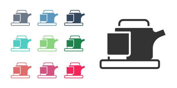 黑色传统茶道图标孤立在白色背景上。茶壶和杯子。设置图标丰富多彩。向量图片下载