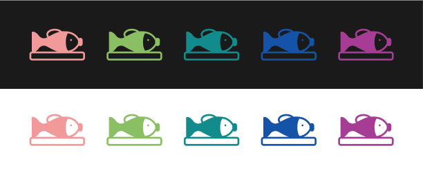 设置服务的鱼在一个盘子图标孤立在黑白背景上。向量图片下载