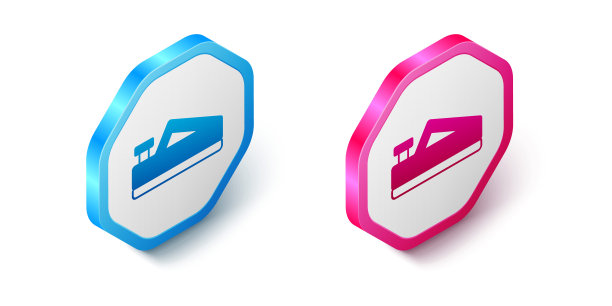 等距木平面工具木工手工制作图标孤立在白色背景。长刨。六角按钮。向量图片下载