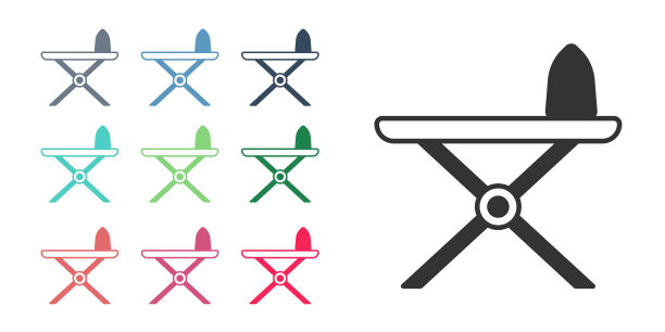 黑色电熨斗和熨衣板图标孤立在白色背景上。蒸汽熨斗。设置图标丰富多彩。向量图片下载