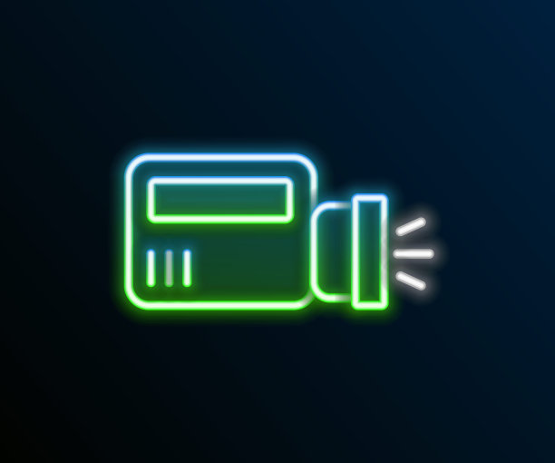 发光霓虹灯行手电筒图标孤立在黑色背景上。色彩斑斓的轮廓的概念。向量图片下载