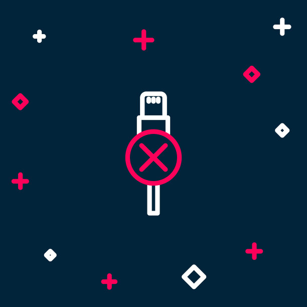 线路没有usb电源线图标，蓝色背景隔离。PC和移动设备的连接器和插座。色彩斑斓的轮廓的概念。向量图片下载