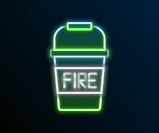 发光霓虹灯线消防桶图标孤立在黑色背景。金属空桶或加水桶，用于消防。色彩斑斓的轮廓的概念。向量图片下载