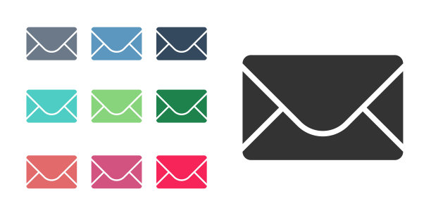 黑色邮件和电子邮件图标孤立在白色背景。电子邮件信封标志。邮件标志。设置图标丰富多彩。向量图片下载