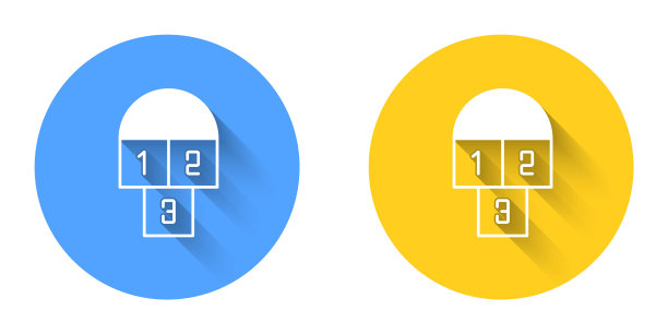 白色跳房子图标孤立与长阴影背景。儿童沥青涂料绘制。圆按钮。向量图片下载