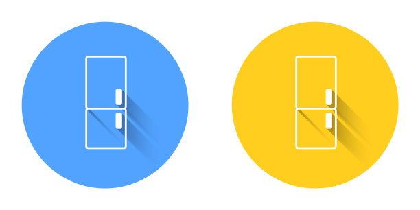 白色冰箱图标孤立与长阴影背景。冰箱冷冻冰箱。家用科技和电器。圆按钮。向量图片下载