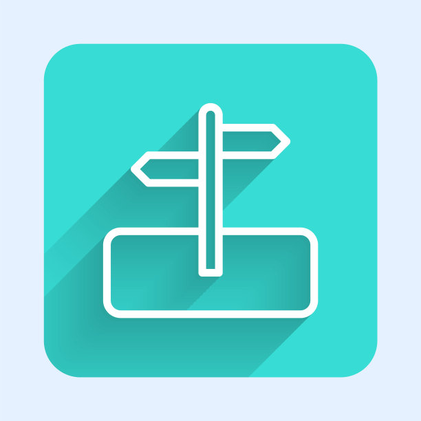 白线道路交通标志。与长阴影背景隔离的路标图标。指针的象征。孤立的街道信息标志。方向的信号。绿色广场按钮。向量图片下载