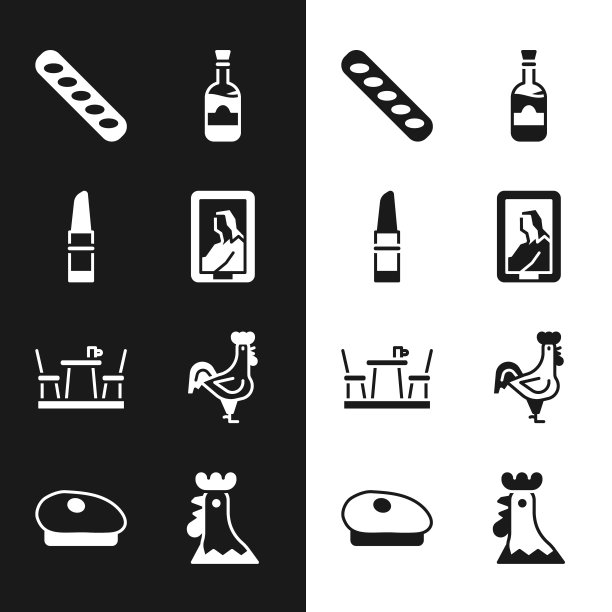 在博物馆设置肖像，口红，法国法棍面包，葡萄酒，咖啡，公鸡，贝雷帽图标。向量图片下载