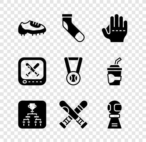 设置棒球靴，袜子，手套，锦标赛托架，交叉棒球棒，奖杯与，显示器游戏和奖牌图标。向量图片下载