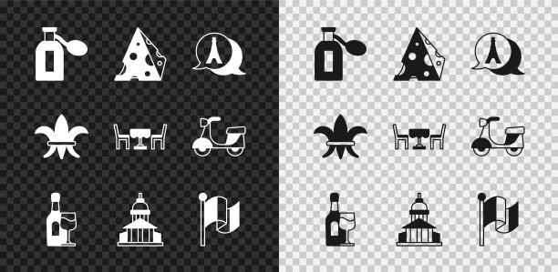 设置香水，奶酪，埃菲尔铁塔，酒瓶与玻璃，博物馆建筑，法国国旗，芙蓉德里斯和法国咖啡馆图标。向量图片下载