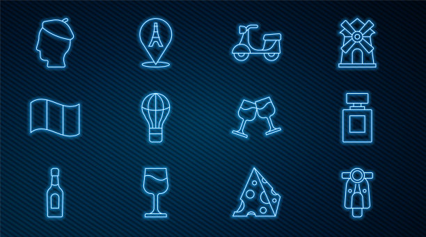 集滑板车，香水，热气球，法国国旗，法国人，酒杯和埃菲尔铁塔图标。向量图片下载