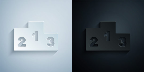 剪纸奖在体育冠军领奖台图标孤立的灰色和黑色背景。纸艺术风格。向量图片下载