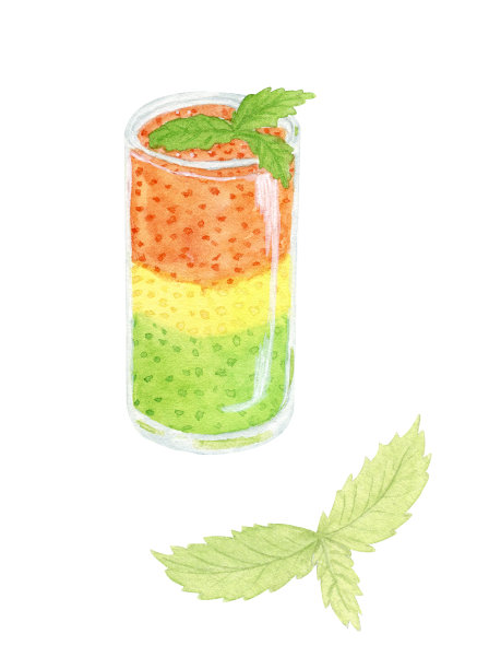 在玻璃杯中搅拌松软的甜点。水彩柠檬橙慕斯。轻盈的水果慕斯，薄荷。薄荷的叶子。设计菜单和标签。孤立在白色图片下载