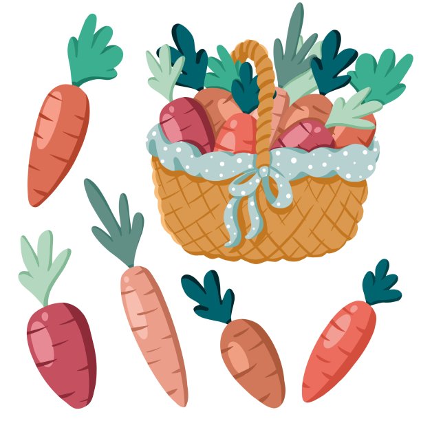 可爱的篮子里的胡萝卜的复活节插图。复活节快乐!图片下载