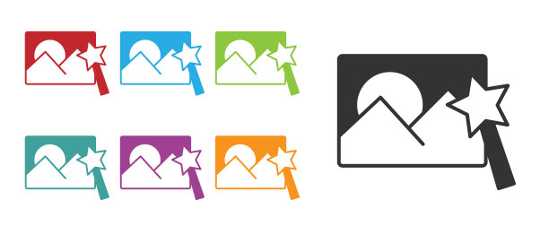 黑色照片修饰图标孤立在白色背景。摄影师，摄影，修饰图标。设置图标丰富多彩。向量图片下载