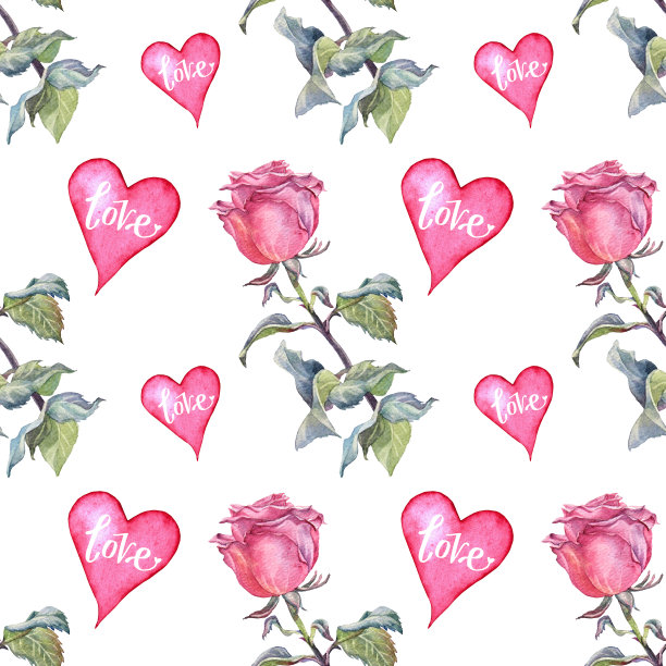 无缝图案水彩粉红色的心与字爱和玫瑰与绿色的叶子在白色的背景。手绘设计为情人节，卡片，庆祝，3月8日，婚礼，包装墙纸图片下载
