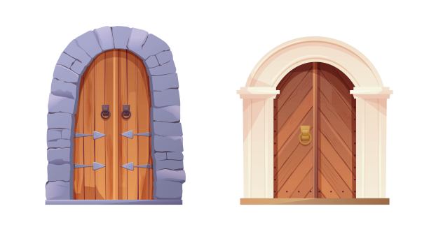 仿古中世纪木门，金属圆柄，白色拱门。城堡、教堂或房屋的入口、大门。图片下载