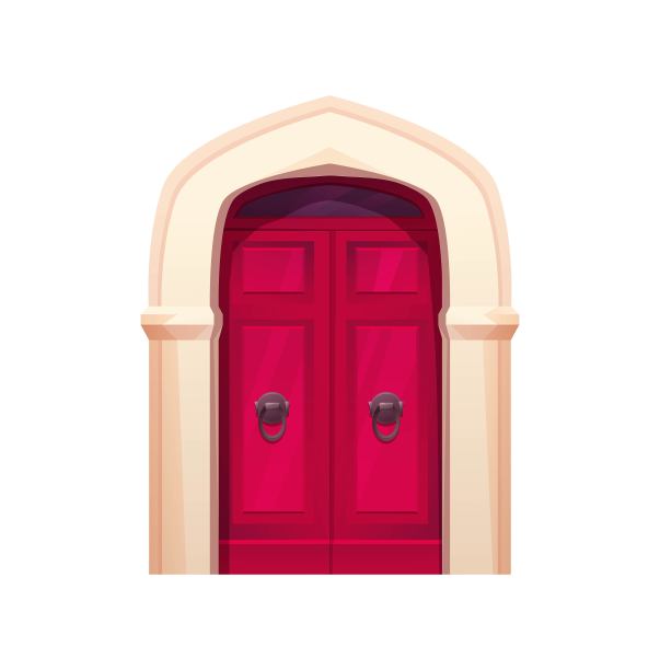 木制红色门与拱门前视图。入学或门。卡通矢量插图。图片下载