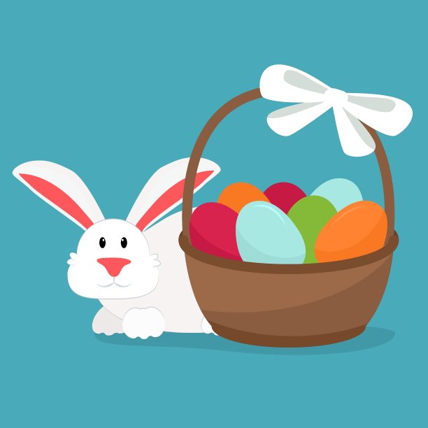 一个白色的野兔坐在一个篮子后面的彩色鸡蛋的矢量插图。复活节主题插画图片下载
