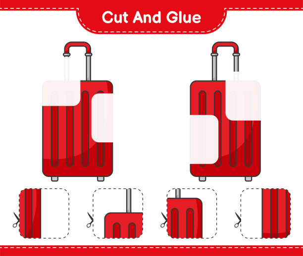 切胶，将旅行袋的零件切胶。教育儿童游戏，可打印的工作表，矢量插图图片下载