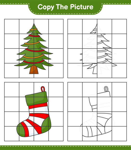 复制图片，使用网格线复制圣诞树和圣诞袜的图片。教育儿童游戏，可打印的工作表，矢量插图图片下载