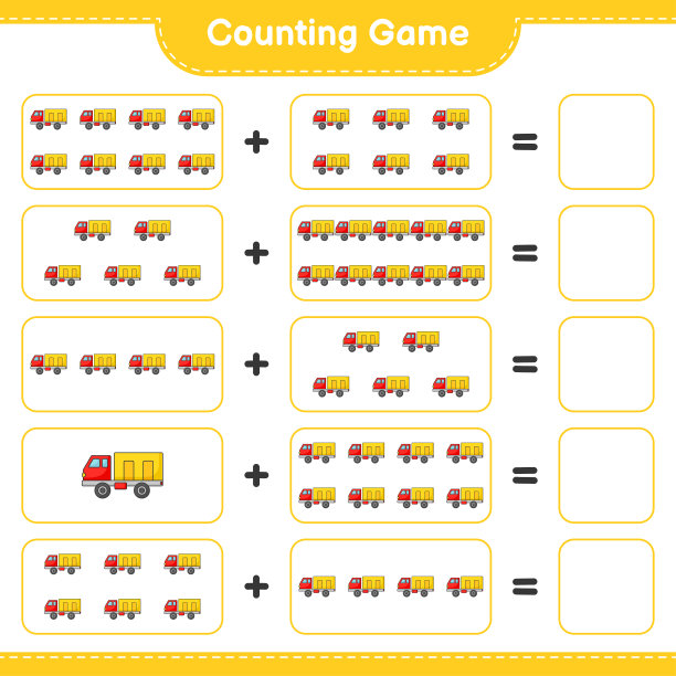 数一数，然后配对，数一数卡车的数量，然后配对正确的数字。教育儿童游戏，可打印的工作表，矢量插图图片下载
