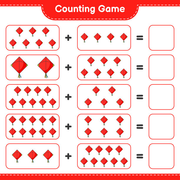 数和匹配，数风筝的数量并匹配正确的数字。教育儿童游戏，可打印的工作表，矢量插图图片下载