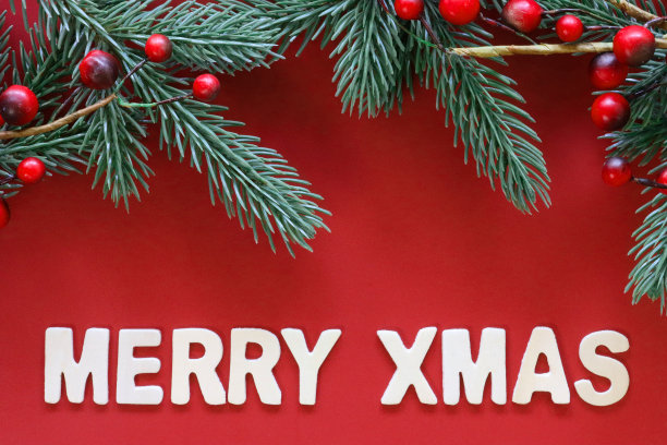 自制DIY简易圣诞卡设计的图像，在红色的背景上剪出白色的字母，云杉针和红色的浆果，手工制作的节日圣诞贺卡，圣诞快乐的信息图片下载