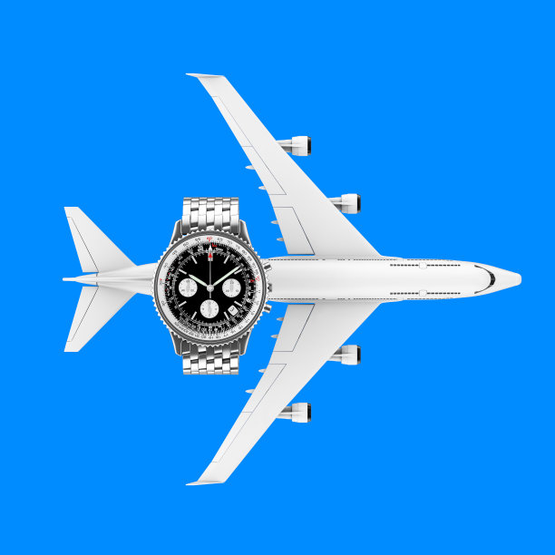 飞行员手表的概念。豪华经典模拟男子白色腕表白色喷气式乘客飞机。3d渲染图片下载