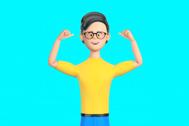 体育的概念。卡通人物人物强壮的人显示二头肌。3d渲染图片下载