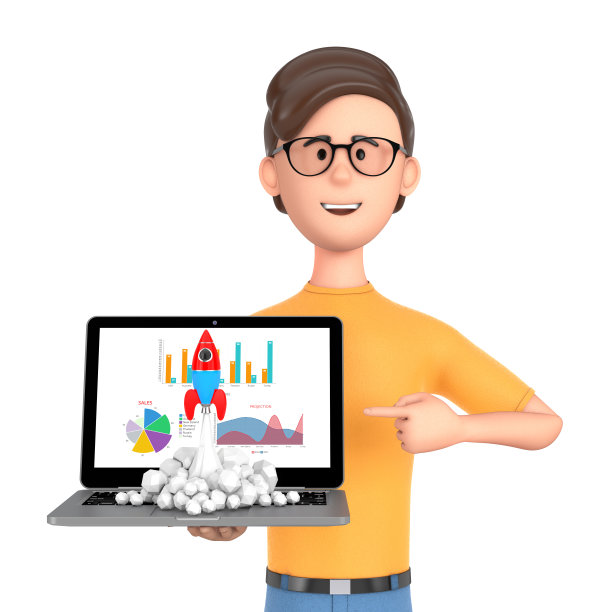 卡通人物Person Man手持笔记本电脑与业务图表，图形和玩具火箭起飞喷吐烟雾。3d渲染图片下载