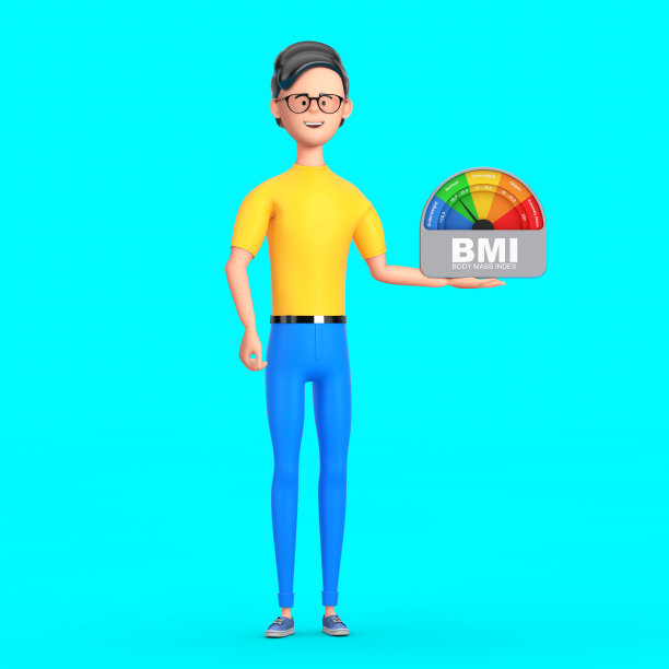 卡通人物Person Man持有BMI或身体质量指数刻度表表盘Gage图标。3d渲染图片下载