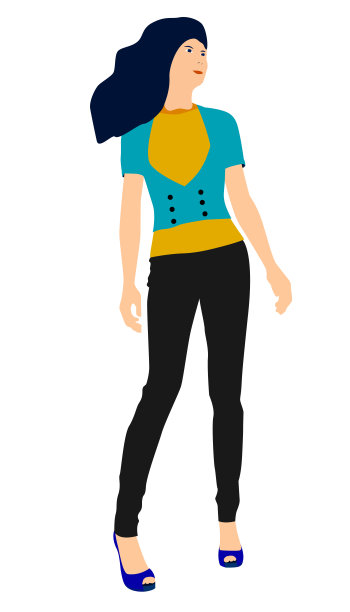 一个头发华丽的女孩，穿着时尚的衣服，站在白色背景的高跟鞋孤立。卡通风格。矢量图图片下载