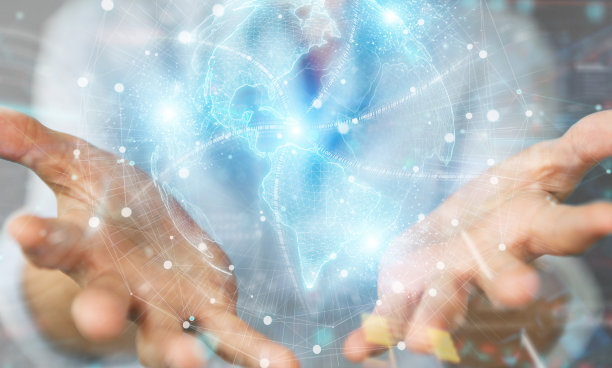 美国女商人使用美国地图全球网络全息图3D渲染图片下载