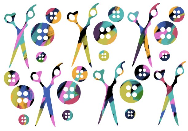 彩色套装与剪刀和纽扣包装，卡片和贴纸图片下载