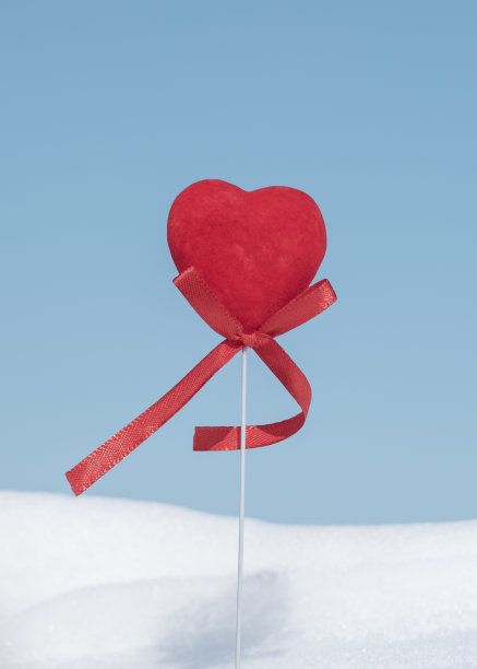 带蝴蝶结的红心，象征着一个在阳光明媚的冬日里，在大自然的雪地上享受户外活动时光的活跃、积极、快乐的人。寒假、假期、圣诞节、情人节的概念图片下载