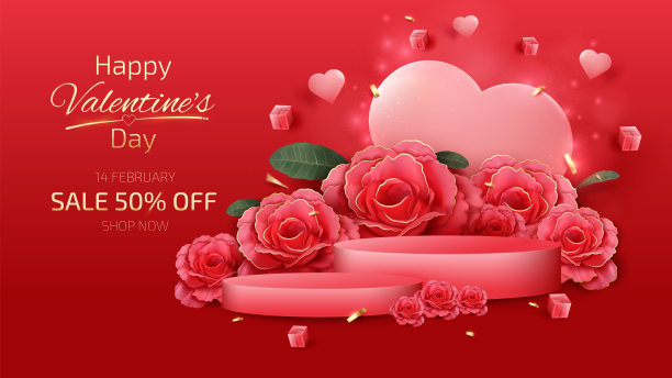 红色的讲台和逼真的玫瑰元素，礼盒，金色丝带，绿叶，情人节背景，横幅模板半价销售。3 d豪华风格。矢量插图。图片下载