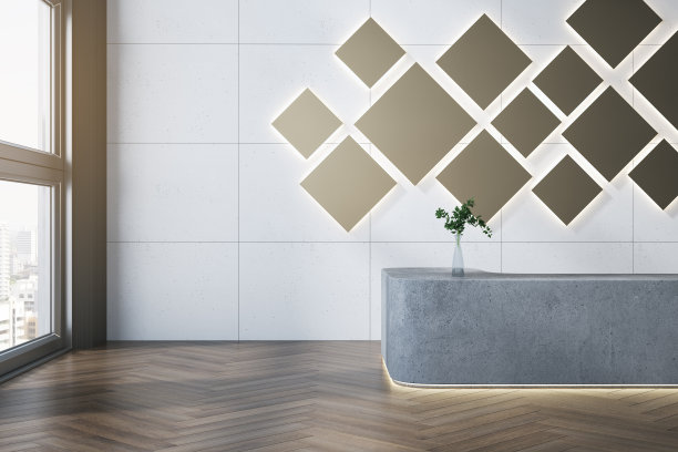 豪华办公室内部与接待台和植物，抽象装饰，混凝土瓷砖墙，木地板和窗户与城市景观和日光。3 d渲染。图片下载