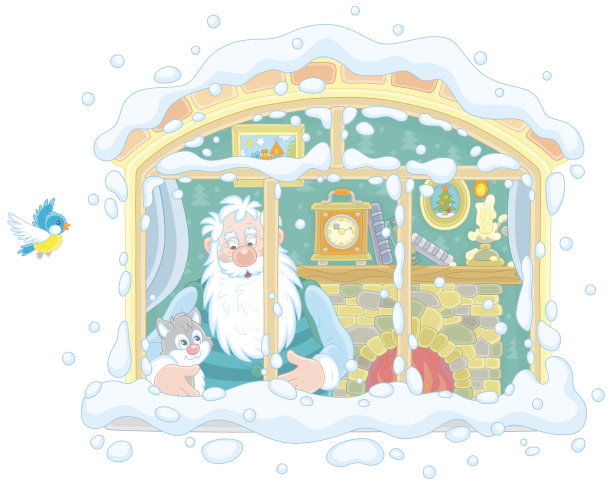 下雪天，爷爷和小猫在家里图片下载