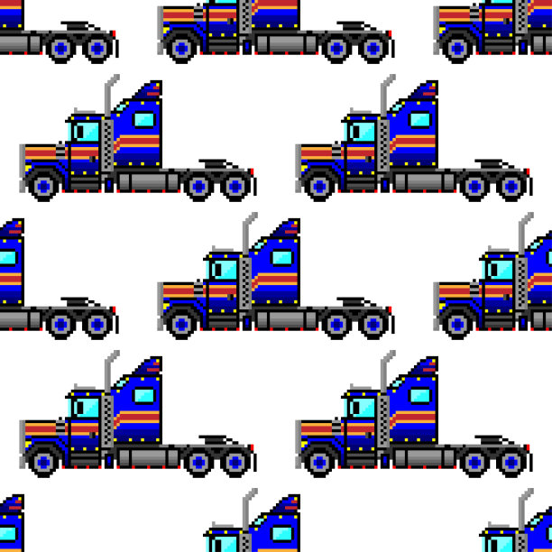 蓝色像素卡车拖拉机孤立在白色背景上。婴儿无缝模式。侧视图。矢量图解说明。纹理。图片下载