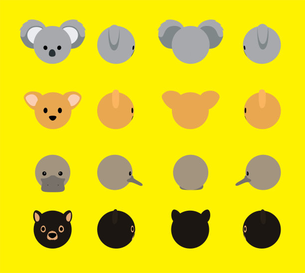 3D球头动物，考拉，袋鼠，鸭嘴兽，塔斯马尼亚，魔鬼旋转卡通矢量插图图片下载
