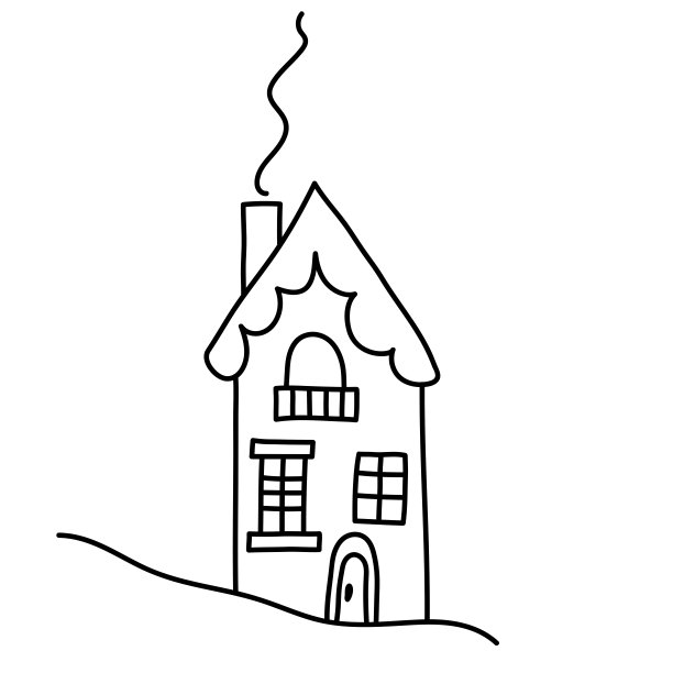 有冒烟烟囱的涂鸦房子。手绘圣诞屋与阳台。冬天的家在雪中。图片下载