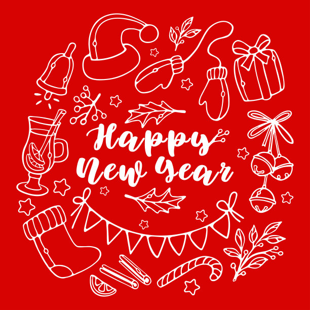 新年快乐矢量插图孤立在红色背景的涂鸦大纲集。图片下载