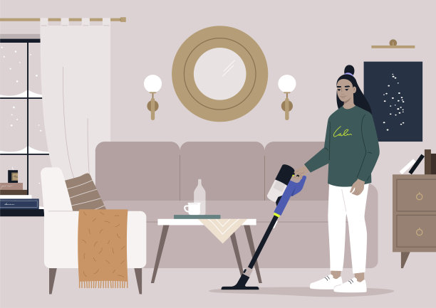 家务概念，年轻的亚洲女性角色吸尘清洁客厅地毯，日常家务图片下载