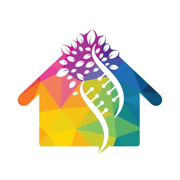 DNA树和房子形状矢量标志设计。图片下载