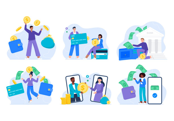 不同类型的资金转移。人们把钱寄到卡片、银行账户或电子钱包里。矢量平面插图。图片下载